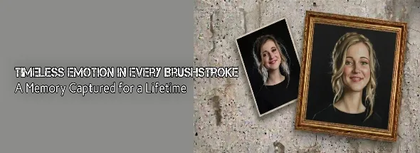 Custom female portrait painting showing photo‑to‑art transformation in ornate frame.